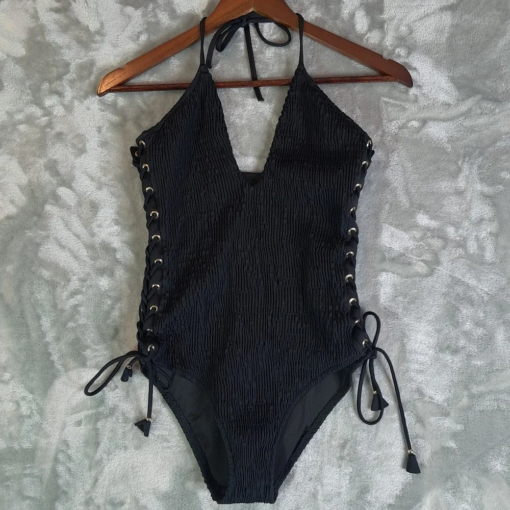 Victoria Secret Ensenada Smocked One Piece Swimsuit Medium M Black Lace Up 34777